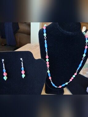 Hand Crafted Multicolor Beaded Necklace and Earrings Set - Blue, Pink, Green